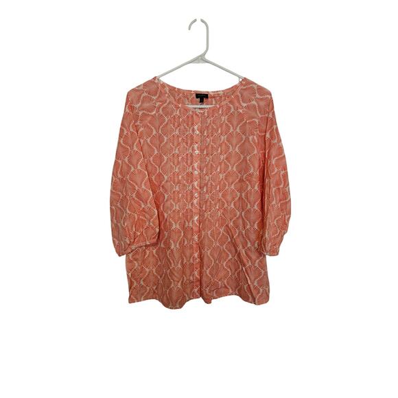 Talbots Button Up Pintuck Blouse Pink Leaf Print on White 3/4 Sleeve - Picture 1 of 6